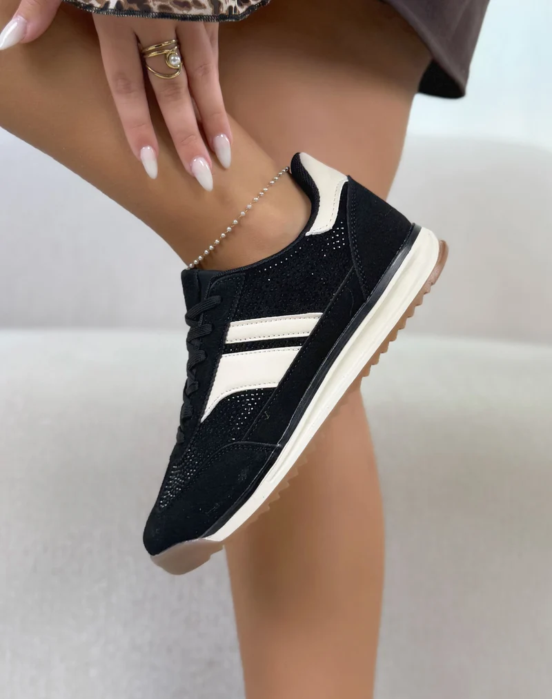 Basket femme noire tendance à strass et détails blancs
