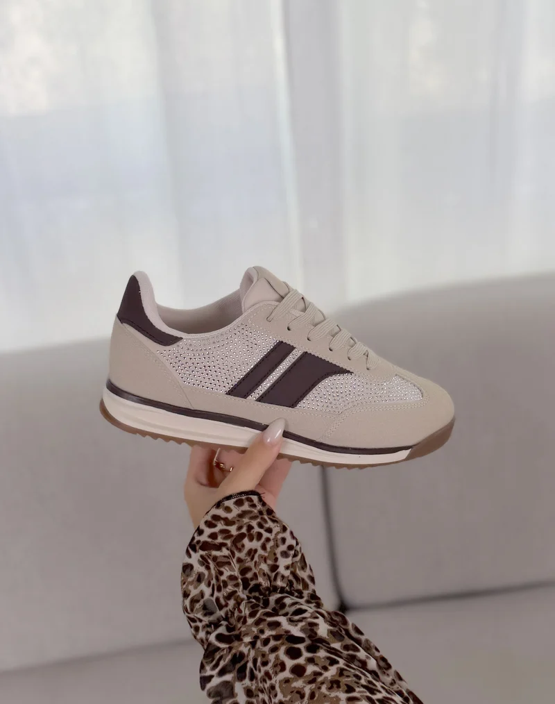 Basket femme beige tendance à strass et détails marron