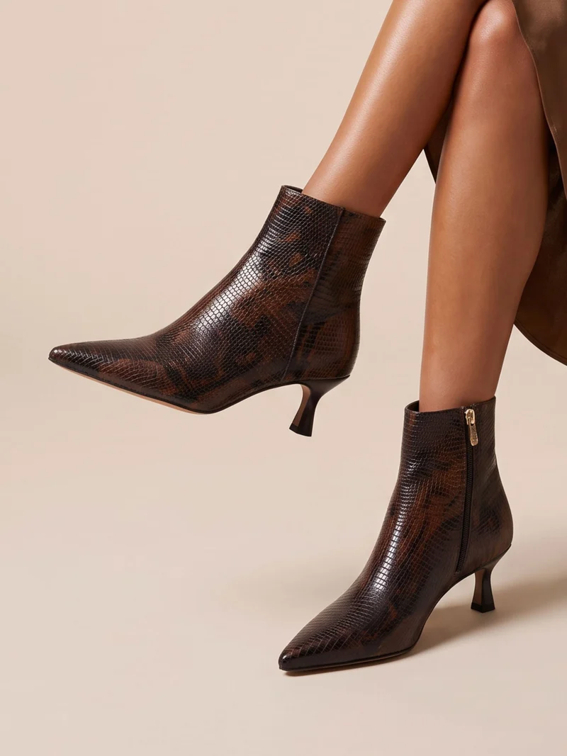Bottines pointues cuir python marron