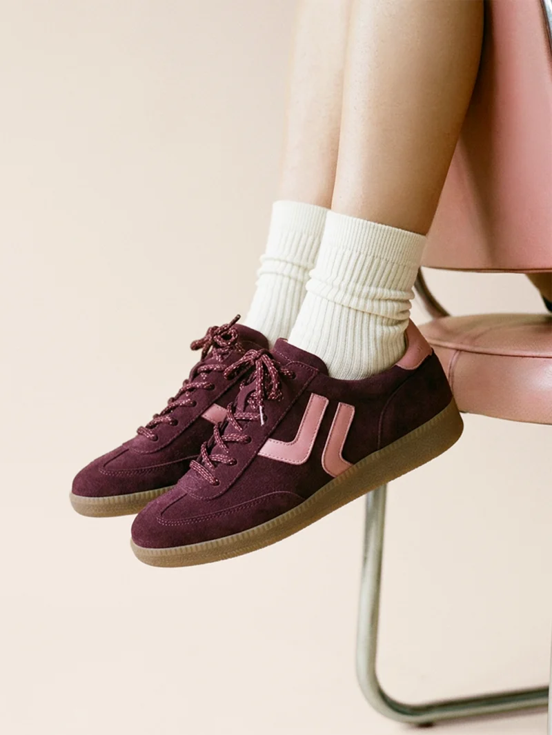 Baskets rétro cuir daim bordeaux