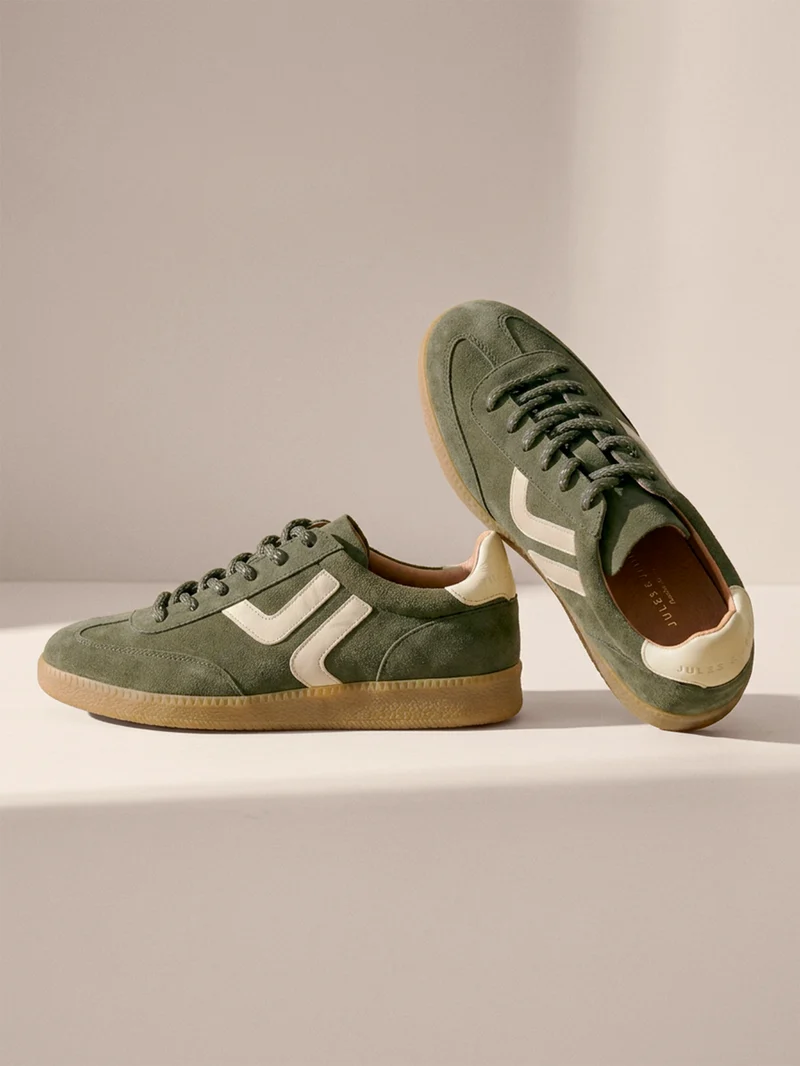 Baskets rétro cuir daim kaki