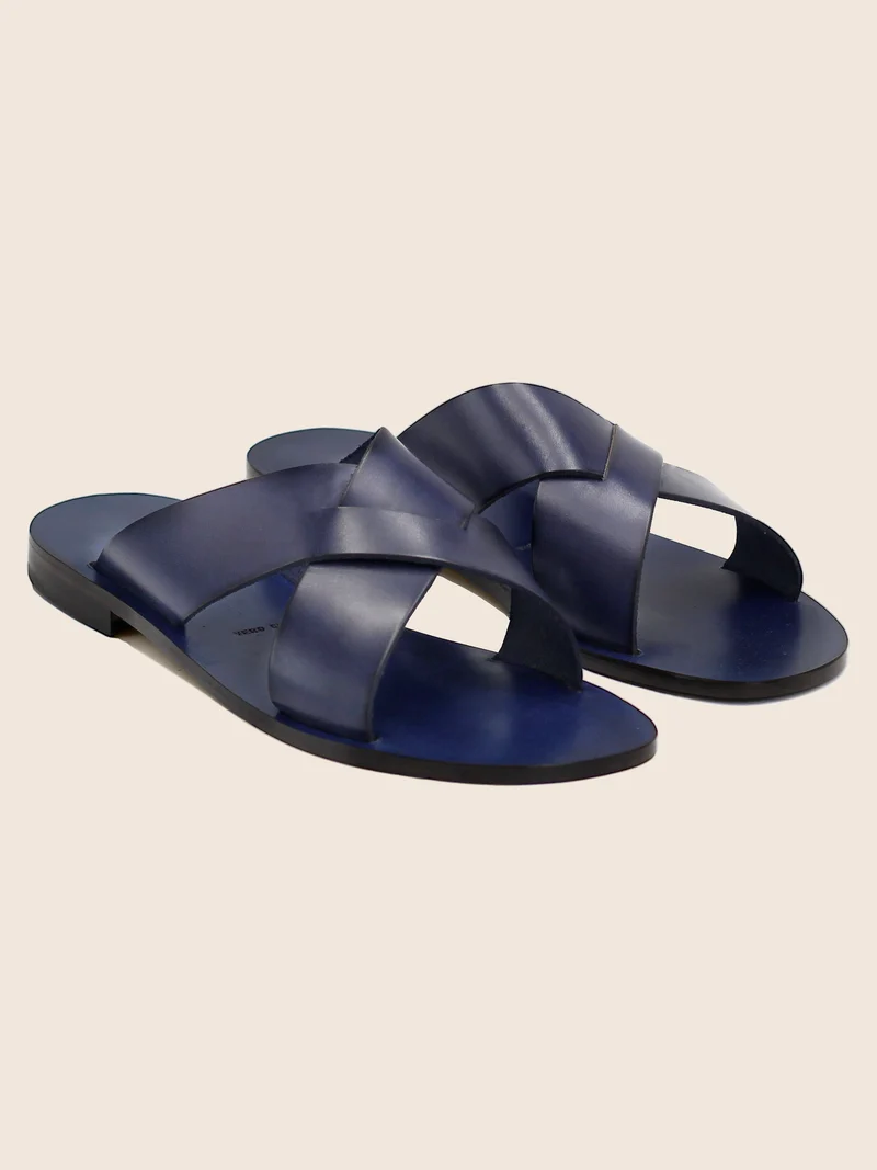 Mules plates cuir bleu