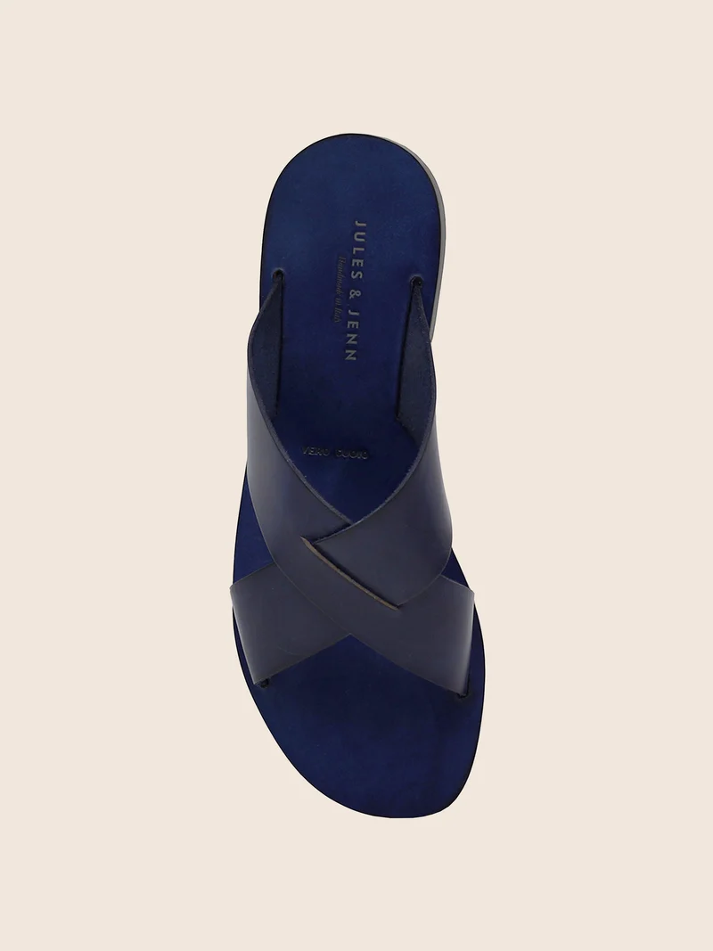 Mules plates cuir bleu