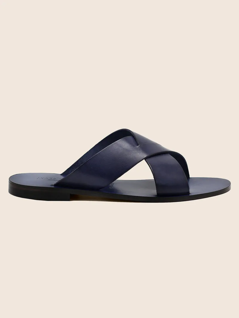 Mules plates cuir bleu