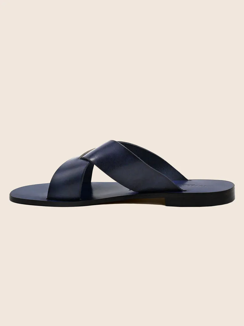 Mules plates cuir bleu