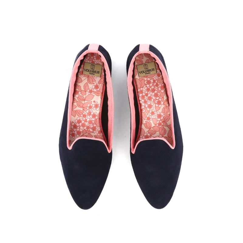 Slippers PIA Cuir Marine bordure Rose