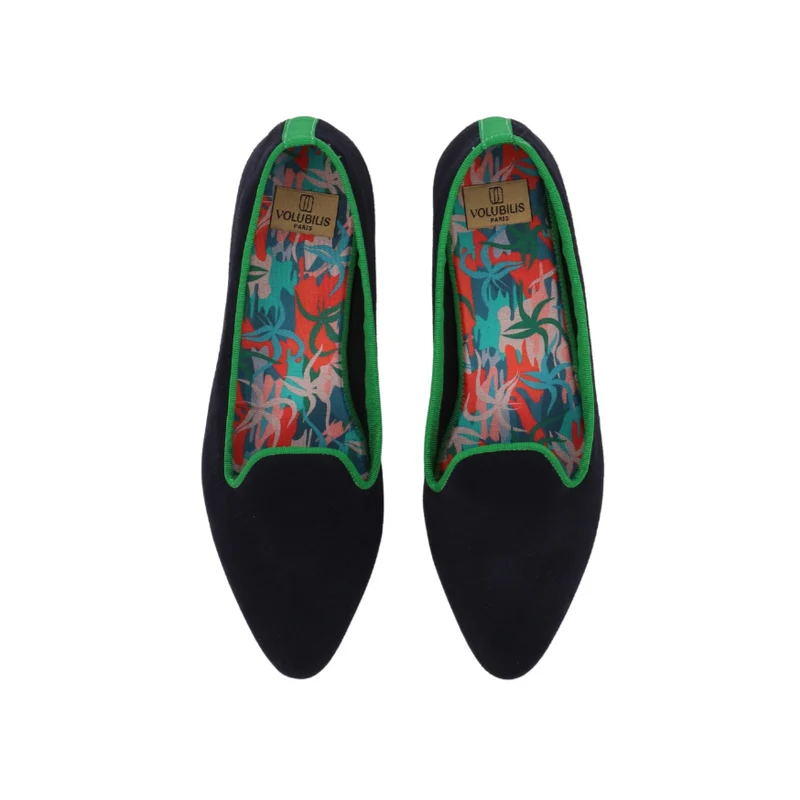 Slippers PIA Cuir Marine bordure Verte