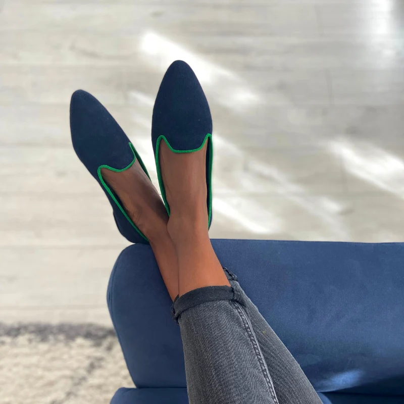 Slippers PIA Cuir Marine bordure Verte