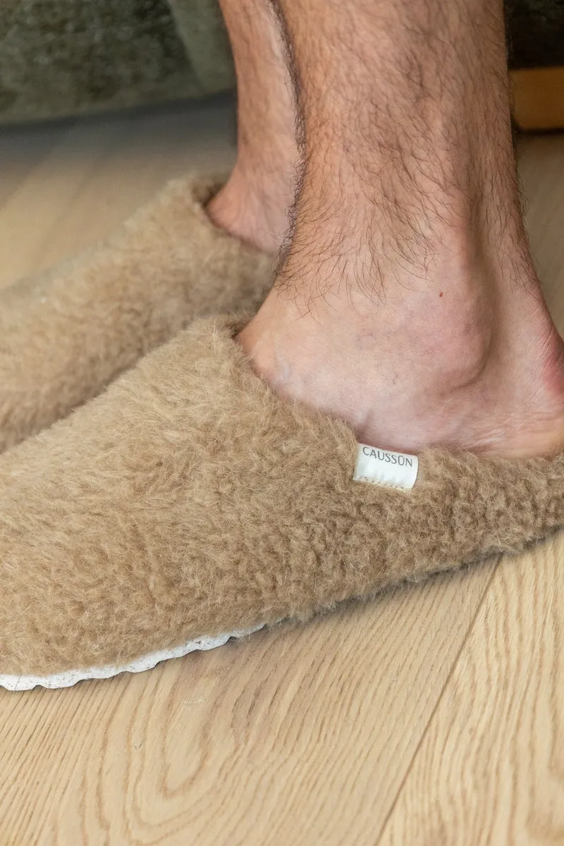 Claudine Fluffy — Chausson en Laine Naturelle Moka | Doublure Laine | Fabriqué au Portugal