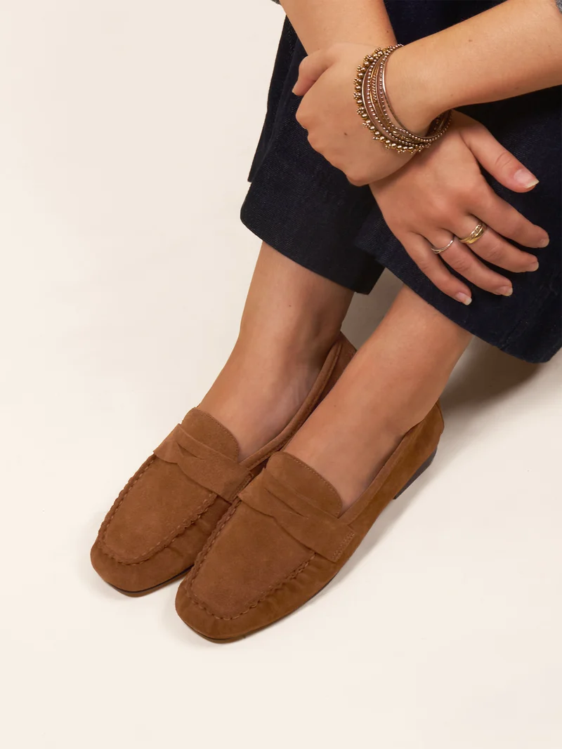 Mocassins plissés cuir daim cognac