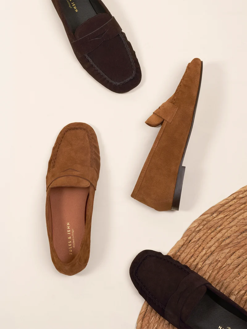 Mocassins plissés cuir daim cognac