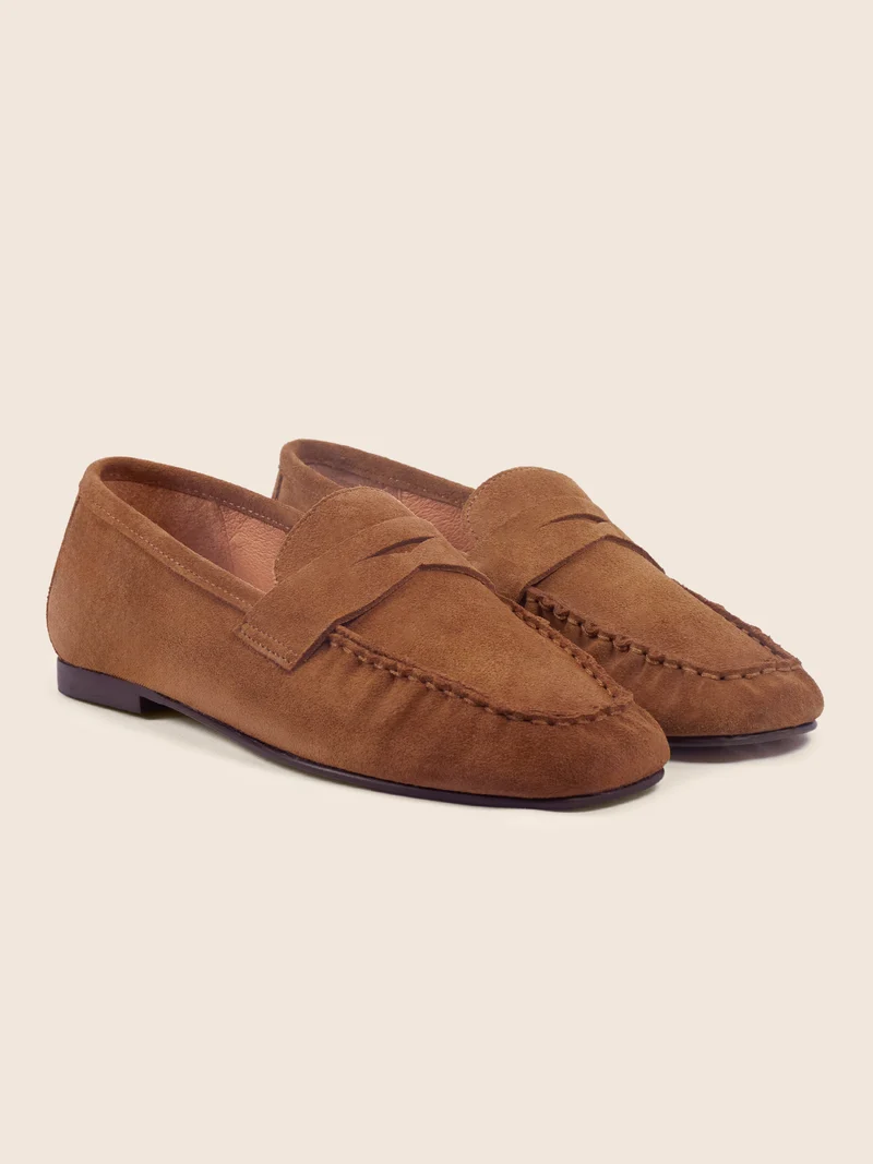 Mocassins plissés cuir daim cognac