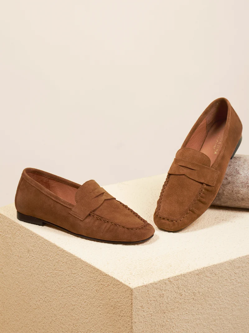 Mocassins plissés cuir daim cognac