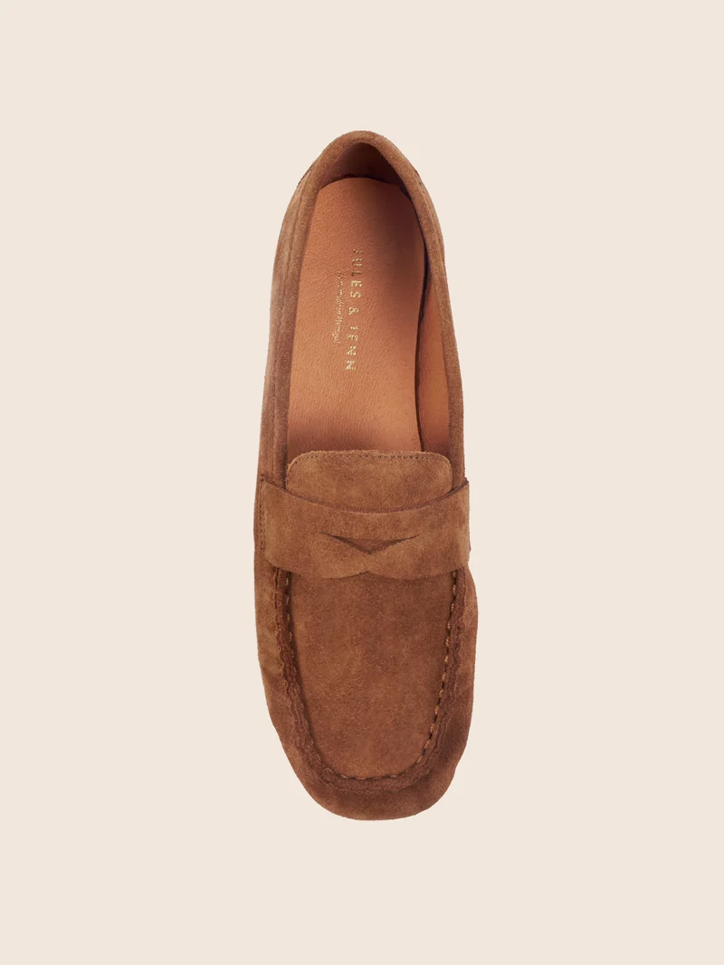 Mocassins plissés cuir daim cognac