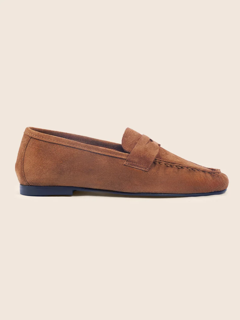 Mocassins plissés cuir daim cognac