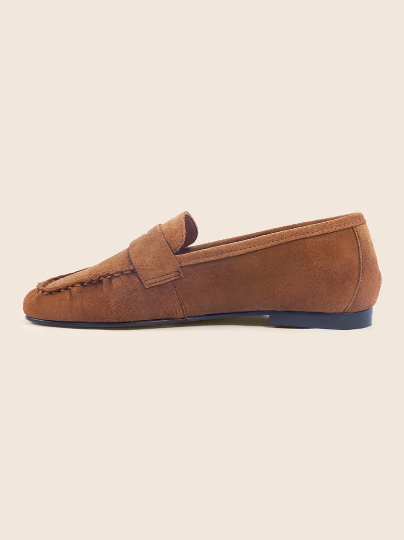 Mocassins plissés cuir daim cognac