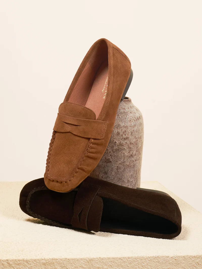 Mocassins plissés cuir daim marron