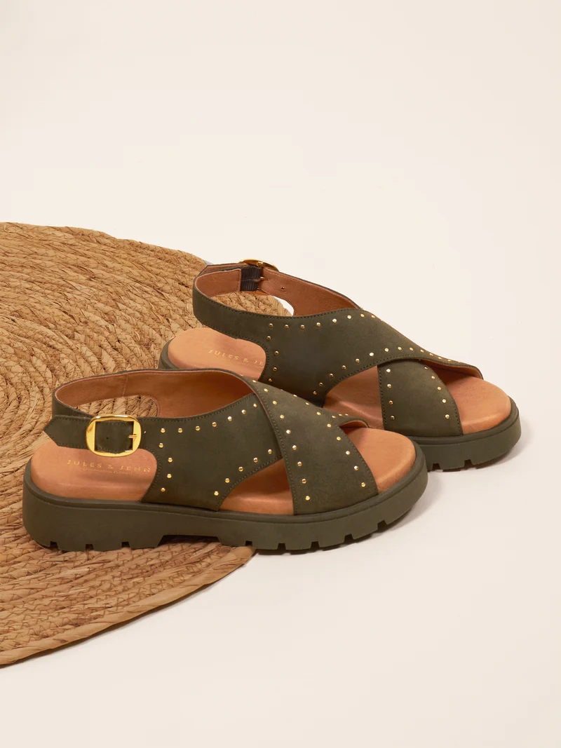 Sandales gomme cuir daim kaki