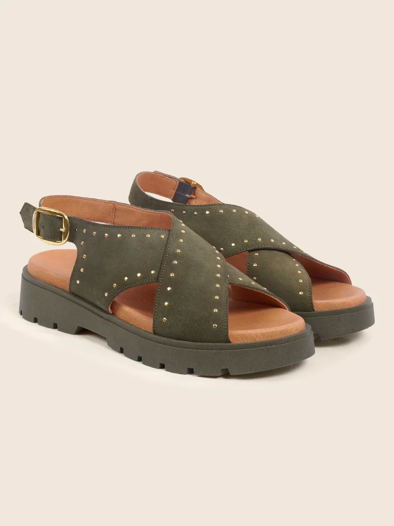 Sandales gomme cuir daim kaki