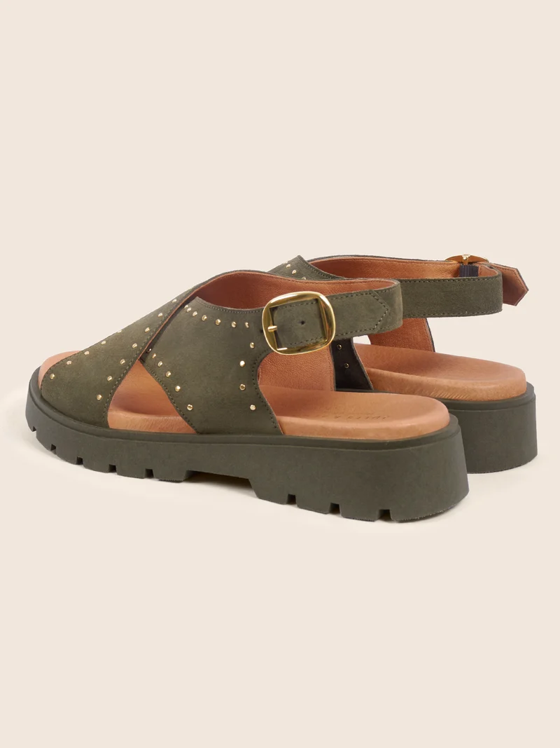 Sandales gomme cuir daim kaki