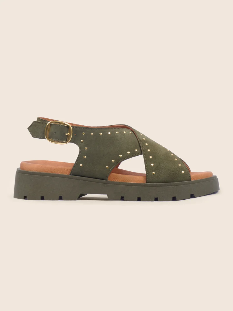 Sandales gomme cuir daim kaki