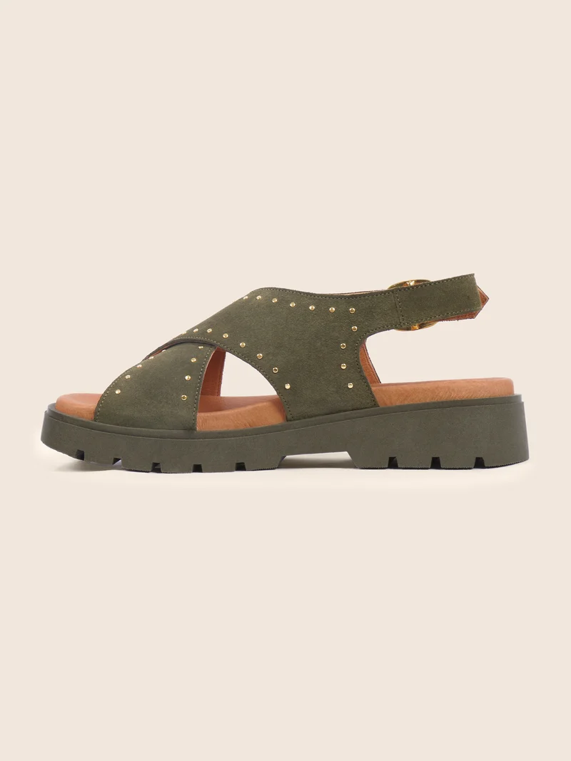 Sandales gomme cuir daim kaki