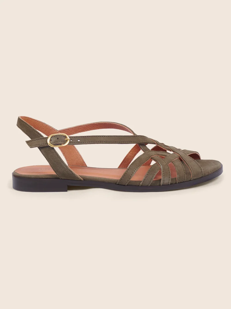 Sandales plates brides cuir daim kaki