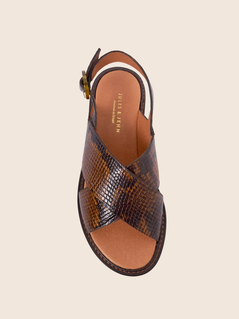 Sandales plates écaille python marron