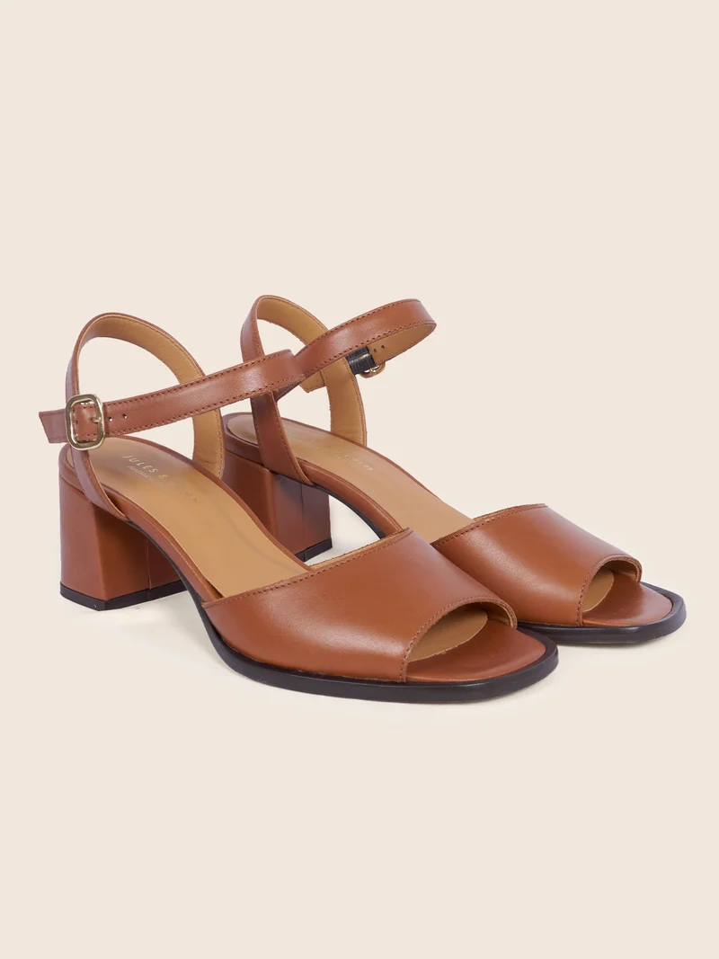 Sandales talon bloc cuir cognac