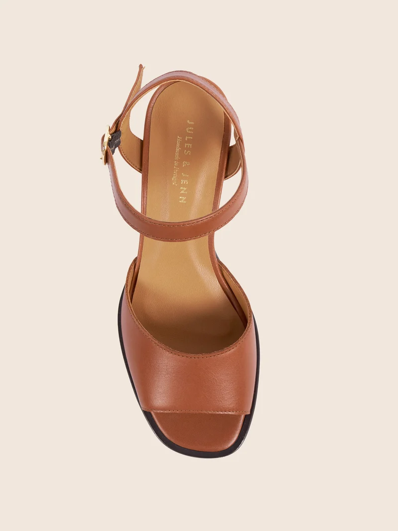 Sandales talon bloc cuir cognac