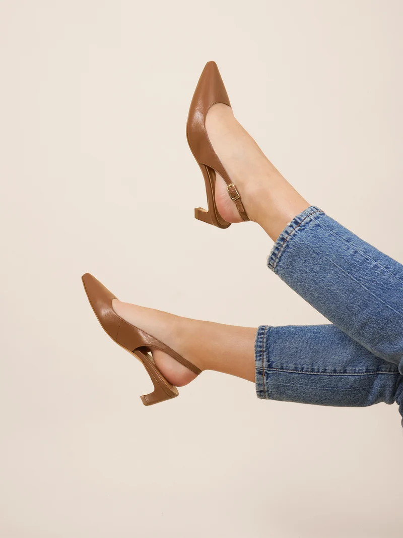 Escarpins slingback petit talon cuir cognac