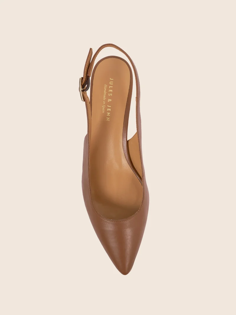 Escarpins slingback petit talon cuir cognac