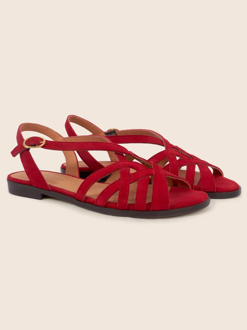 Sandales plates brides cuir daim rouge