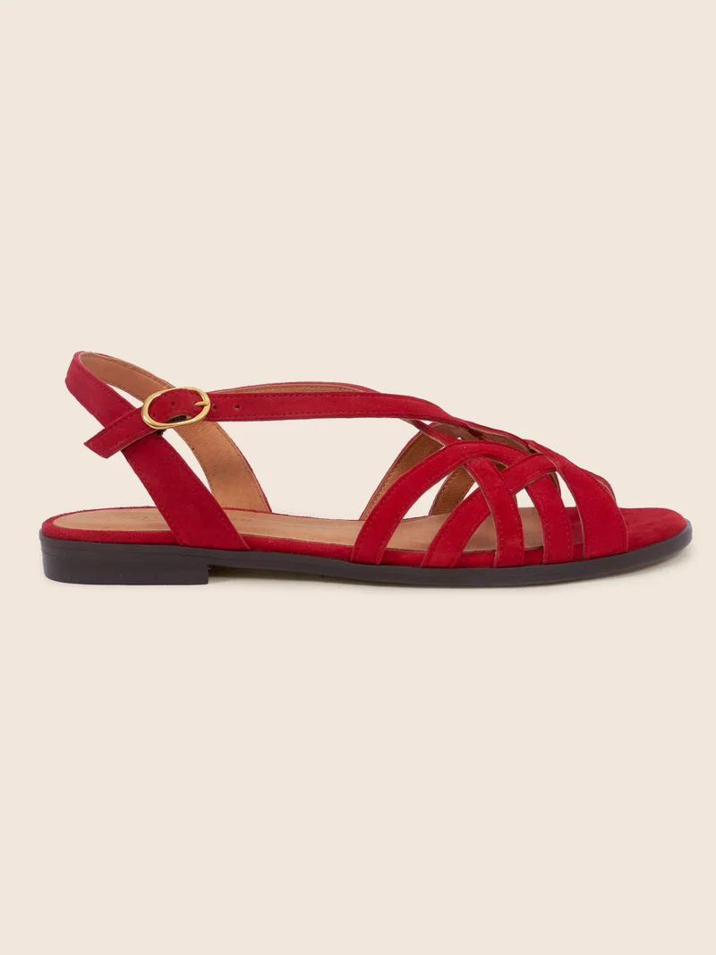 Sandales plates brides cuir daim rouge