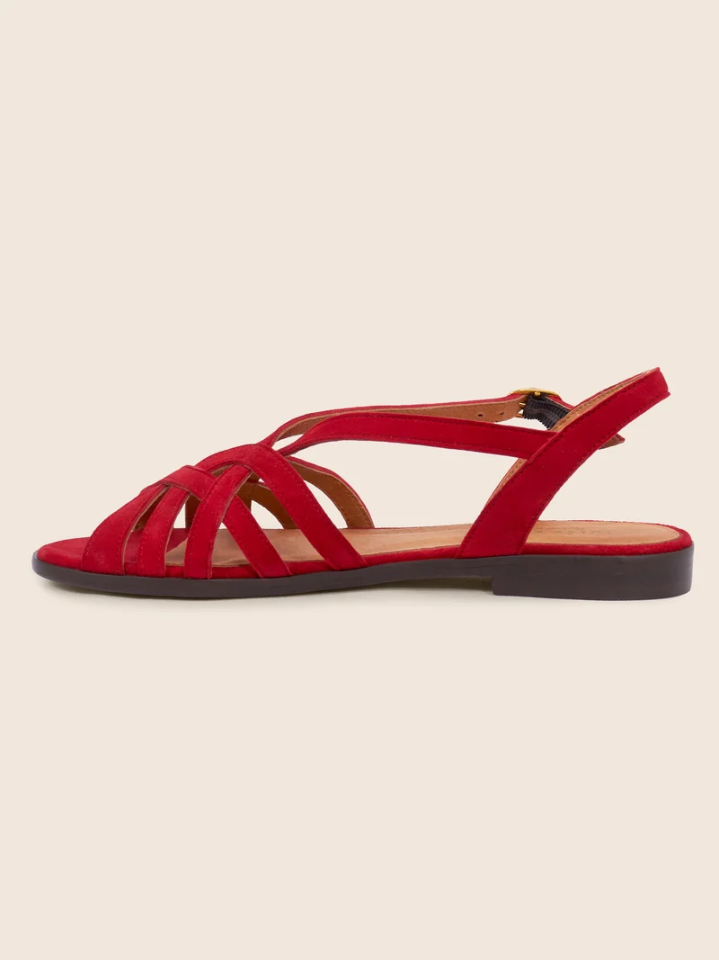 Sandales plates brides cuir daim rouge