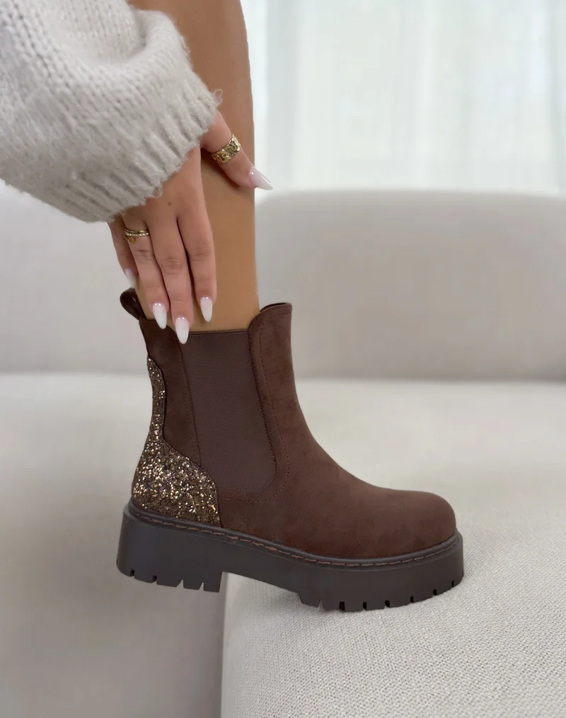 Bottines Chelsea femme marron tendance avec empiècement pailleté doré