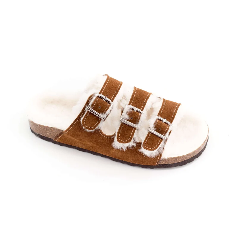 Sandales LISBONNE triple bandes extérieur en laine de mouton