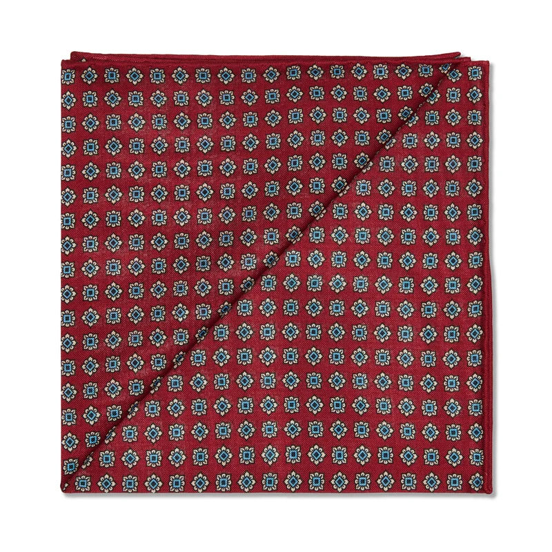 Pochette Rouge framboise, bleu ciel et blanc - Motif Floral - Laine & Soie