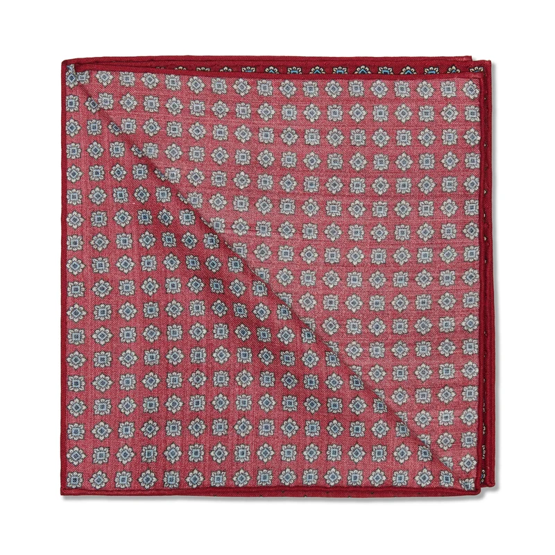 Pochette Rouge framboise, bleu ciel et blanc - Motif Floral - Laine & Soie