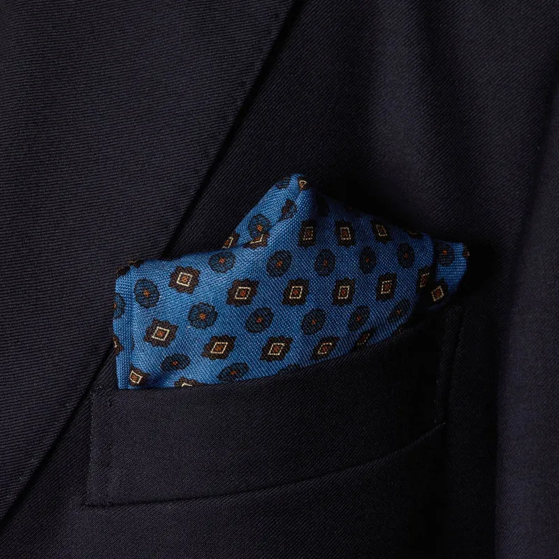 Pochette Bleu nuit, marine & marron - Motif Floral - Laine & Soie
