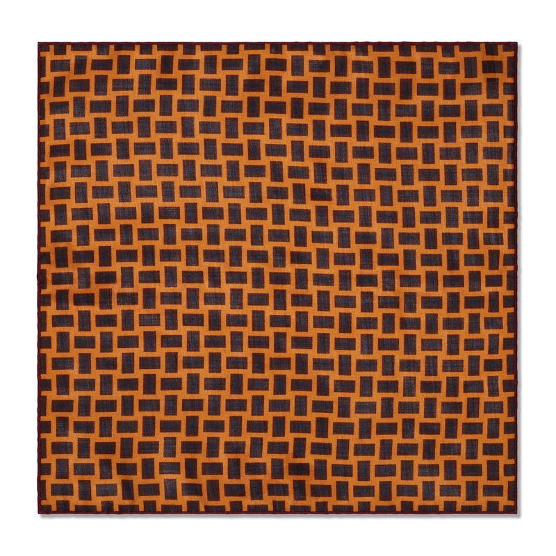 Pochette Ocre, marron & bleu - Motif Rectangles - Laine & Soie