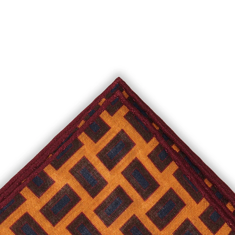 Pochette Ocre, marron & bleu - Motif Rectangles - Laine & Soie