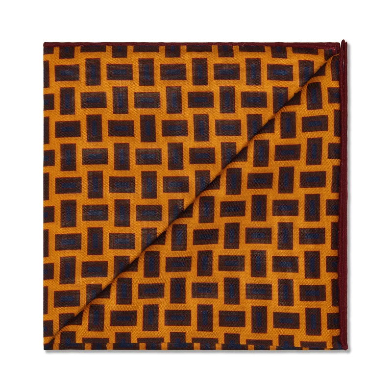 Pochette Ocre, marron & bleu - Motif Rectangles - Laine & Soie