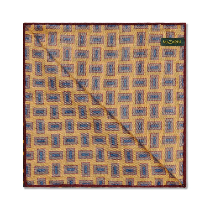 Pochette Ocre, marron & bleu - Motif Rectangles - Laine & Soie