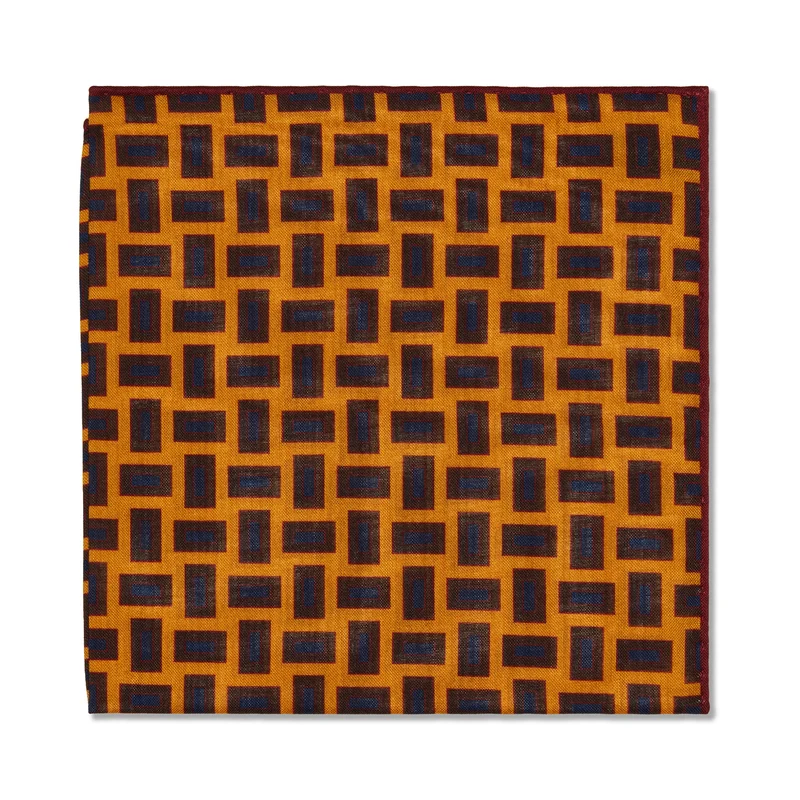 Pochette Ocre, marron & bleu - Motif Rectangles - Laine & Soie
