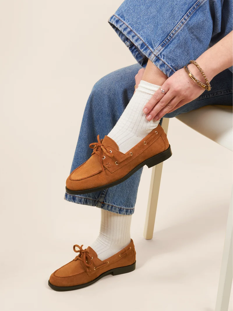 Mocassins bateau cuir daim camel