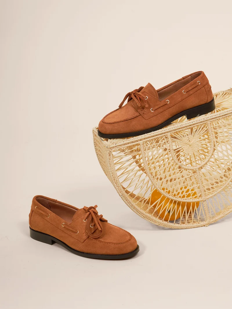Mocassins bateau cuir daim camel