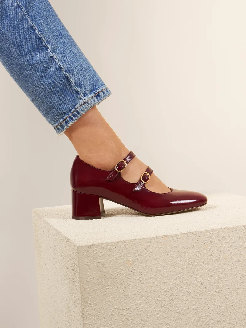 Babies à talon cuir vernis bordeaux