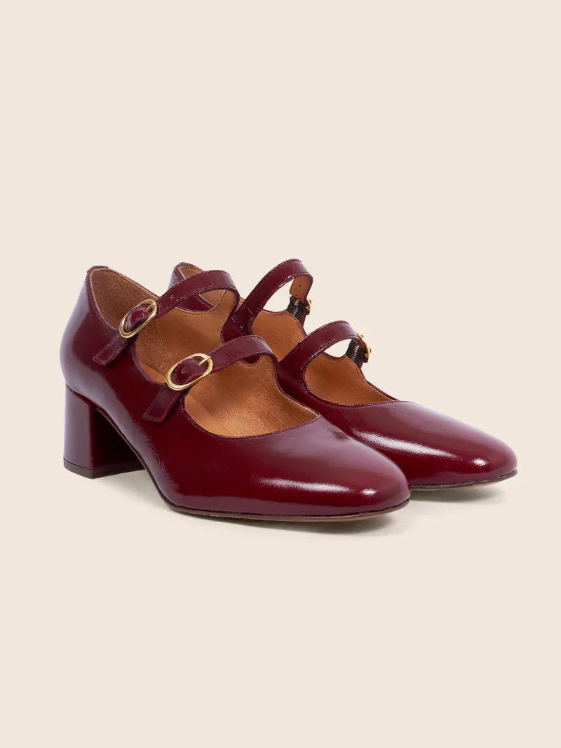Babies à talon cuir vernis bordeaux