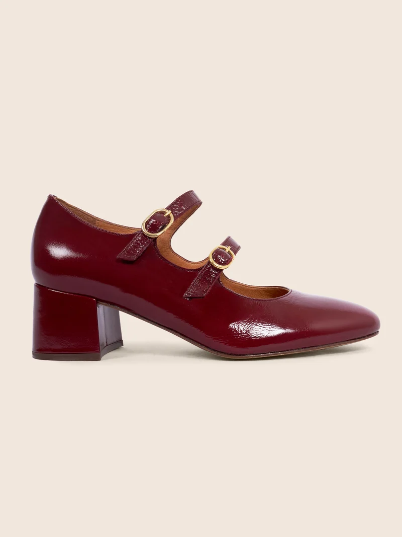 Babies à talon cuir vernis bordeaux